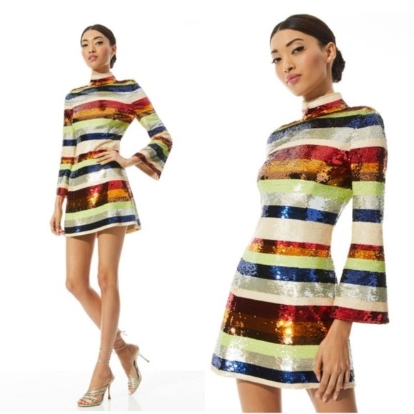 Alice + Olivia Mailynn Sequin Striped Multicolored Mini Dress SIZE 12 NWT $985 - Picture 5 of 16